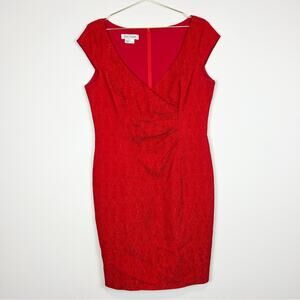 Kay Unger Red‎ Textured V-Neck Cap Sleeve Sheath Dress Size 14
